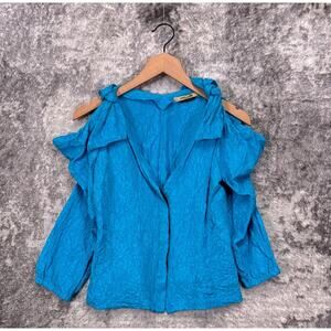 Hellessy Top 4 Womens Blue Textured Silk Blend Cold Shoulder Button Blouse